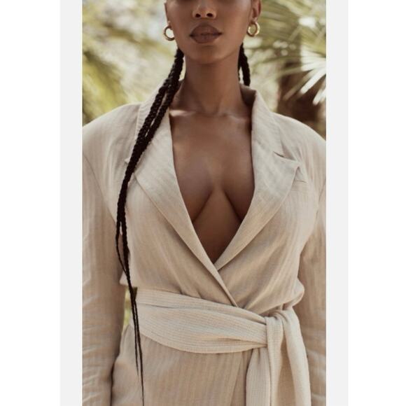 NWT House of CB Colette Linen Blazer Dress Oatmeal Beige Small Belted Wrap Mini - Picture 6 of 10